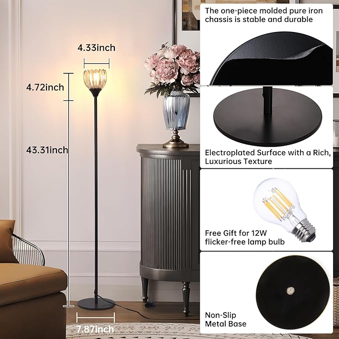Floor Lamps for Living Room, Bedroom, Black Standing Lamp with 12W Bulb, Vintage Floor Lamp for Reading, Nursery, Corner (Amber Tulip)