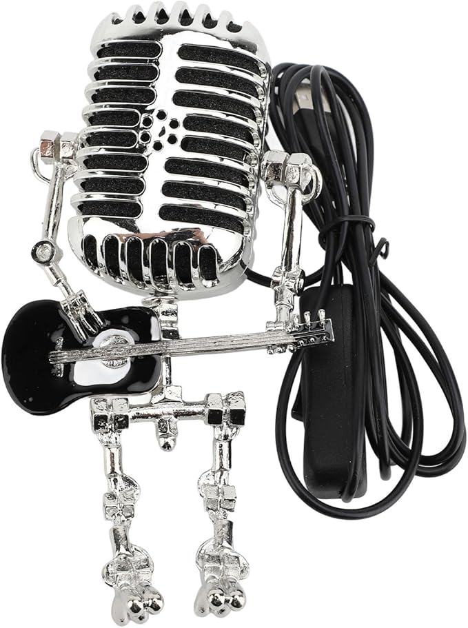 ZJchao Vintage Microphone Guitar Robot Table Lamp Aluminum Retro Metal Robot Night Light for Bedroom Desk Home Decor (Black)
