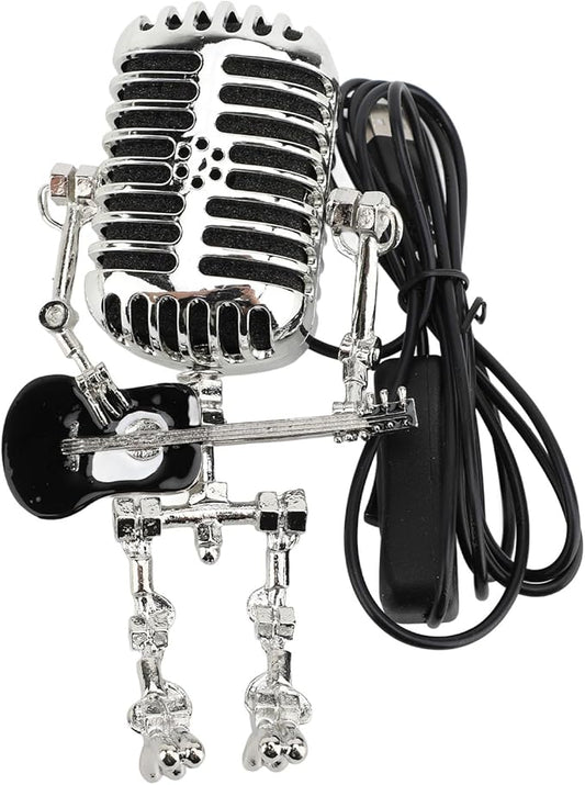 ZJchao Vintage Microphone Guitar Robot Table Lamp Aluminum Retro Metal Robot Night Light for Bedroom Desk Home Decor (Black)