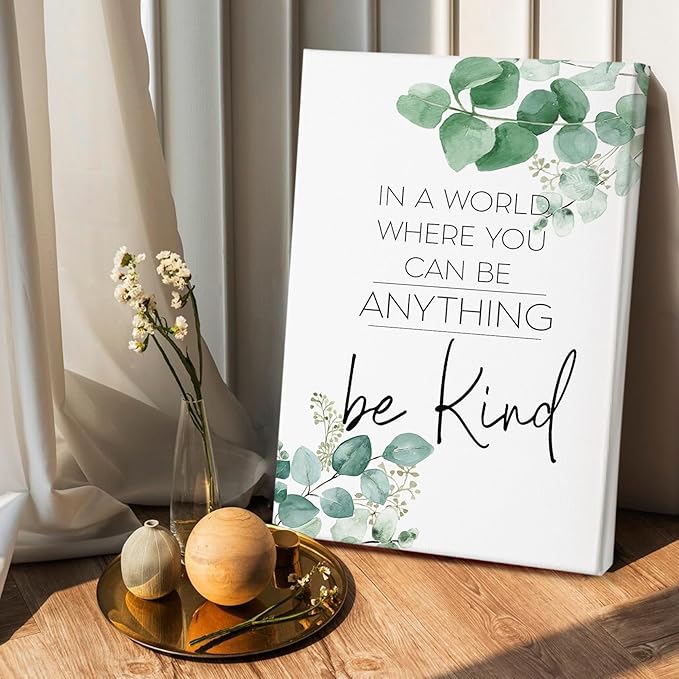HIWX Be Kind Inspirational Framed Canvas Wall Art Decor, Eucalyptus Botanical Motivational Positive Wall Art Decoration for Bathroom Office Bedroom Home Prints 16x24