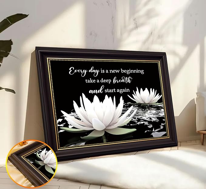 Dark Brown Frame Zen White Lotus Canvas Wall Art On In Water Blooming White Lotus Picture Wall Decor Spiritual Meditation Poster Print Painting for Modern Yoga Spiritual Spa Home Decoration