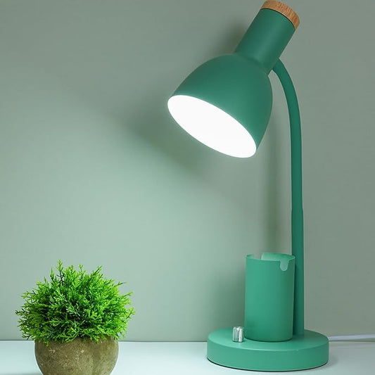 Desk Lamp with Pen Holder, Green, Wood Accent, Adjustable Gooseneck, Modern Study Light (Green)