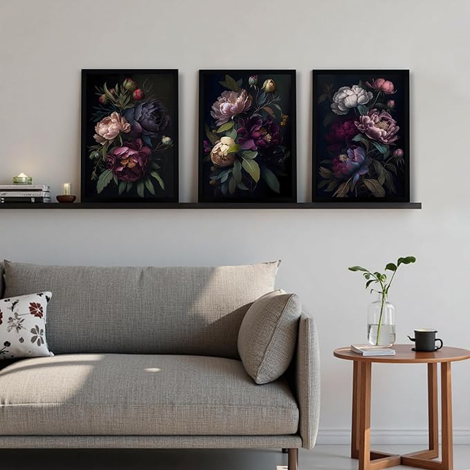 Krtoni 3PCS Framed Dark Flower Wall Art, Neutral Black Peony Floral Canvas Artwork Prints, Rustic Boho Farmhouse Flower Botanical Picture Paintings for Living Room Bedroom Office 12W x 16H