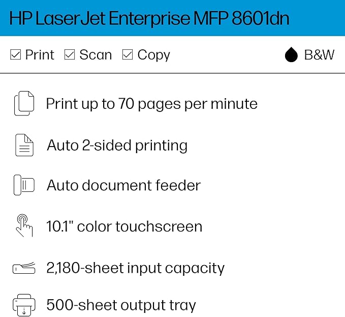 HP Laserjet Enterprise 8601dn Multifunction Monochrome Printer, Scanner, Copier, Duplex, Best for Office (9S186A)
