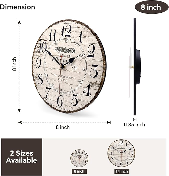 8 Inch Wall Clock Easy to Read Arabic Numerals Wooden Round Wall Clock Silent Non-Ticking Battery Operated Home Wall Clocks Retro French Country Style Art Decor Hanging Clock