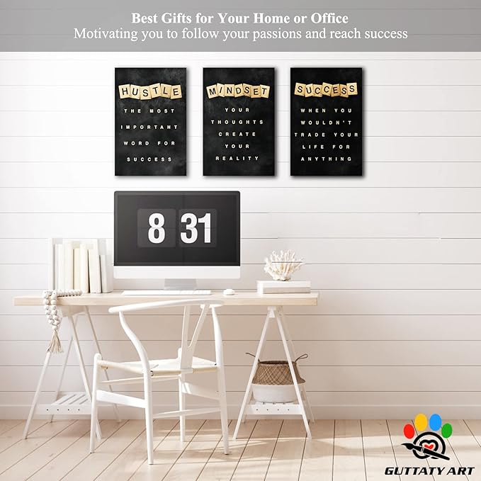 Office Wall Art - 3 Panel Motivational Canvas With Inspirational Quotes for Home and Company Decor, Positive Entrepreneur Words Poster Frame 12"x18"x3Pcs