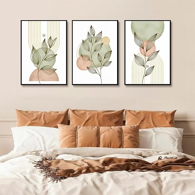 3Pcs Sage Green Boho Canvas Wall Art Modern PinkBotanical Posters Print Abstract With Leafr Pictures Wall Decoration For Living Room Bedroom Bathroom UnFramed