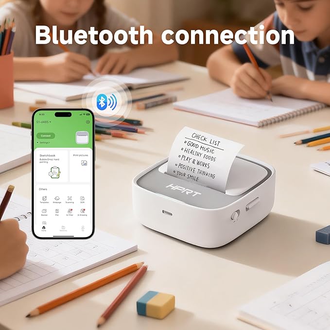 HPRT Sticker Printer, S1 Mini Portable Thermal Mini Inkless Label Printer with bluetooth Stable Connection & Clear Printing for Notes, Journal, Home, Office, Kids, DIY Free App with Multiple Templates