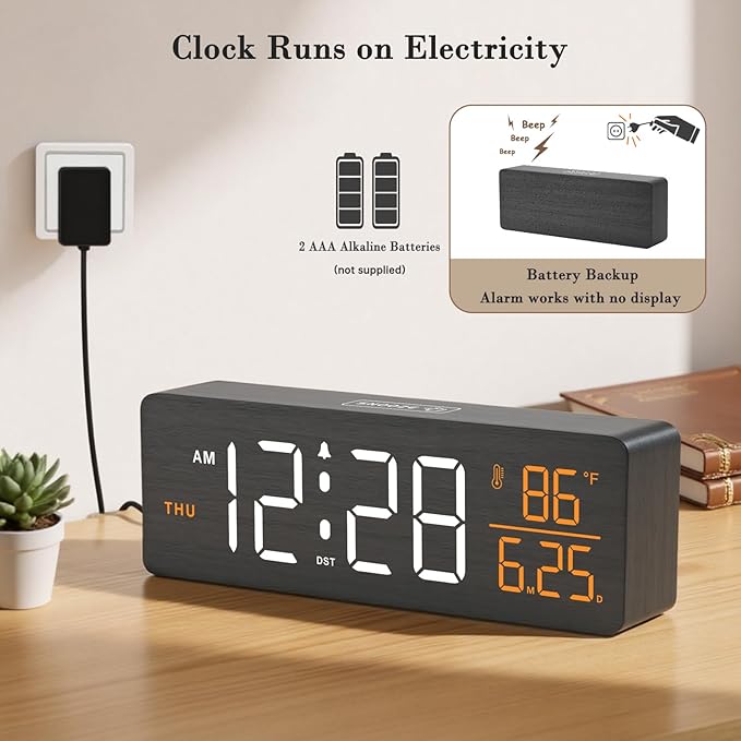DreamSky Wooden Digital Alarm Clocks for Bedrooms – Large Display Desk Clock with Date & Day of Week for Living Room, Temperature, Dimmer, Adjustable Volume, Auto DST, Office Wood Décor (Plug-in)