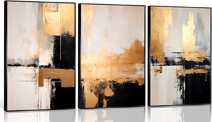 3Pcs Black Gold Abstract Wall Art Large Modern Minimalist Posters Prints Grey And Gold Graffiti Pictures And Paintings Neutral Art for Living Room Bedroom Bathroom Office Decorations Unframed