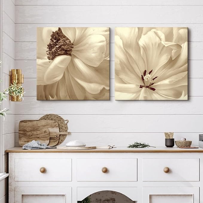 SEVEN WALL ARTS Flower Canvas Wall Art 2 Pieces Neutral Beige Floral Pictures Elegant Blossom Flowers Poster Print for Living Room Bedroom Office Boho Decor 24"x24"