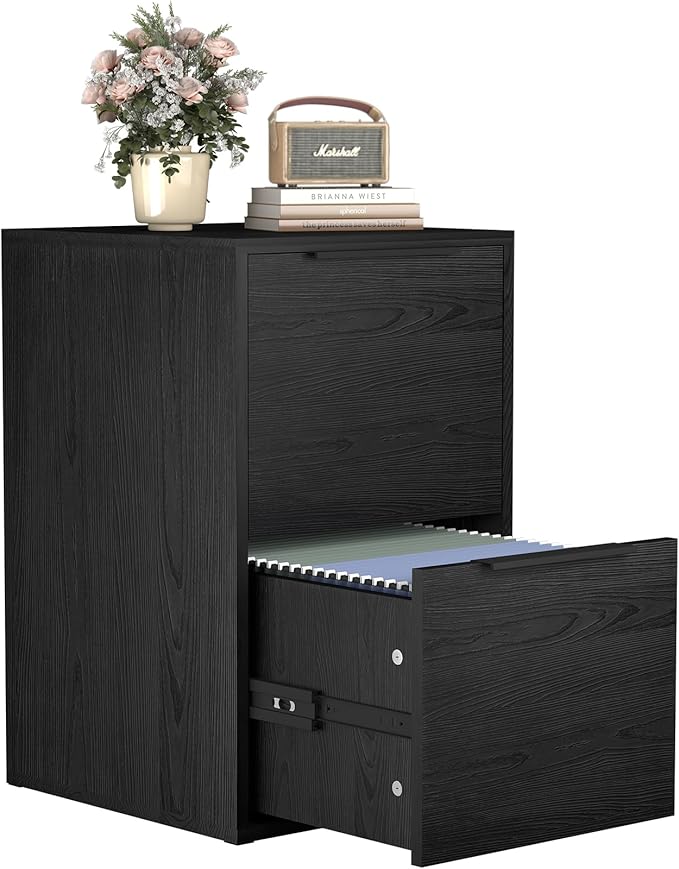 Two Drawer File Cabinet, Black Wood Filing Cabinets for Letter Size/Hanging Files, Small Under Desk File Cabinets for Home Office, Assembly Required