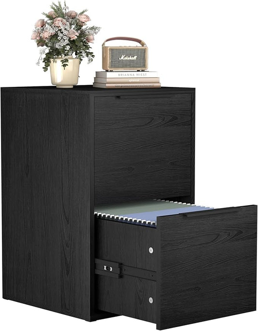 Two Drawer File Cabinet, Black Wood Filing Cabinets for Letter Size/Hanging Files, Small Under Desk File Cabinets for Home Office, Assembly Required