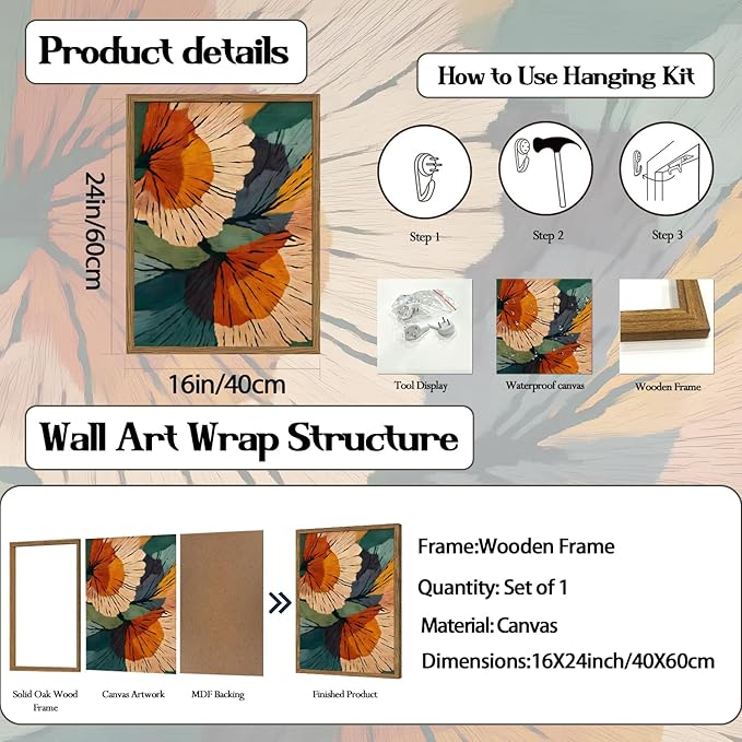 Framed Abstract Floral Wall Art, Boho Vintage Flower Pictures Wall Decor, Mid Century Modern Botanical Paintings Canvas Prints for Living Room Bedroom Office 16x24 inch