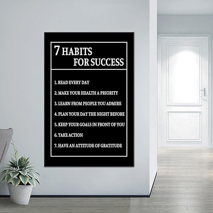 Motivational Wall Art for Office Decor 7 Habits for Success Inspiring Poster Inspirational Picture Print Artwork for Modern Home Office Gym Wall Decor Stretch and Framed [24''Wx36''H]