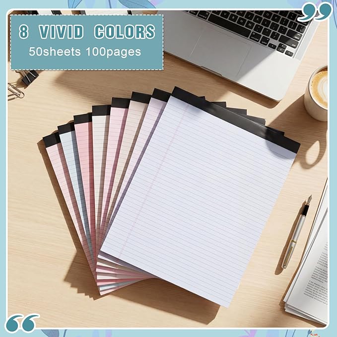 Fuutreo 8 Pcs 8.5'' x 11'' Colored Legal Pad 50 Sheets Per Writing Pads Narrow Ruled Notepad Perforated Writing Notepad Office Supplies for College Office Business (Subtle Colors)