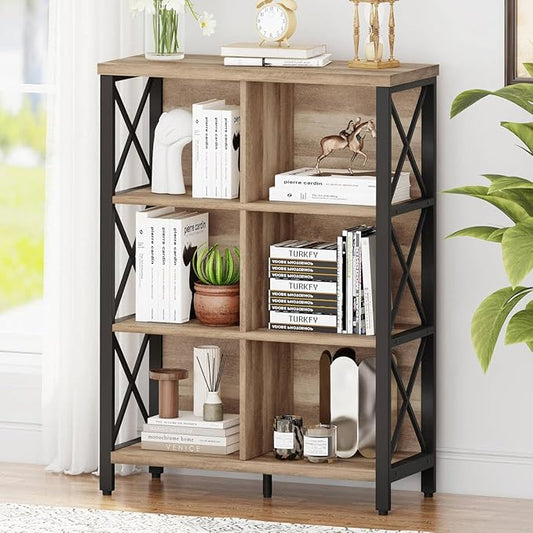 FATORRI Bookcase, 6 Cube Storage Organizer Shelf, Wood and Metal Cubby Book Shelf, Industrial 4 Tier Cube Bookshelf (Rustic Oak)