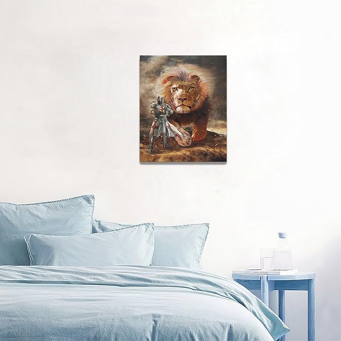 yerretin Christian Lion Of Judah Wall Art Lion Warrior Pictures Wall Decor Religious Knight Canvas Painting Home Decorations Artwork for Bathroom Bedroom Living Room Office Framed 16"x20"