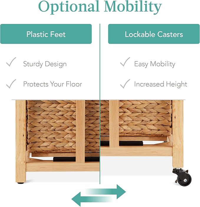 Best Choice Products Vertical Rolling File Cabinet, Multipurpose Portable Water Hyacinth Basket Organizer for Home Office, Workspace w/Rubberwood Frame, Metal Sliders, Locking Caster Wheels - Natural