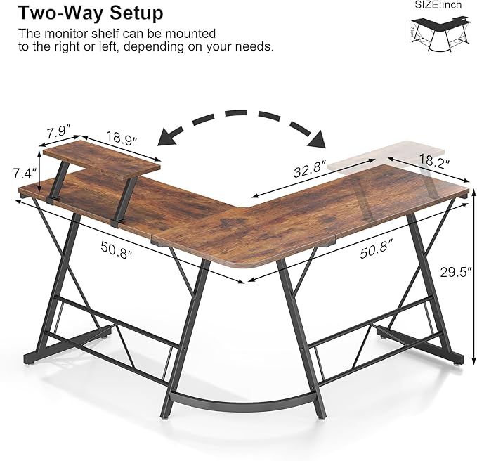 Mr IRONSTONE L Shaped Computer Desk: Corner Desk, Home Office Desk, Gaming Writing Workstation with Large Monitor Stand, Easy to Assemble (Rustic Brown,51 Inch)