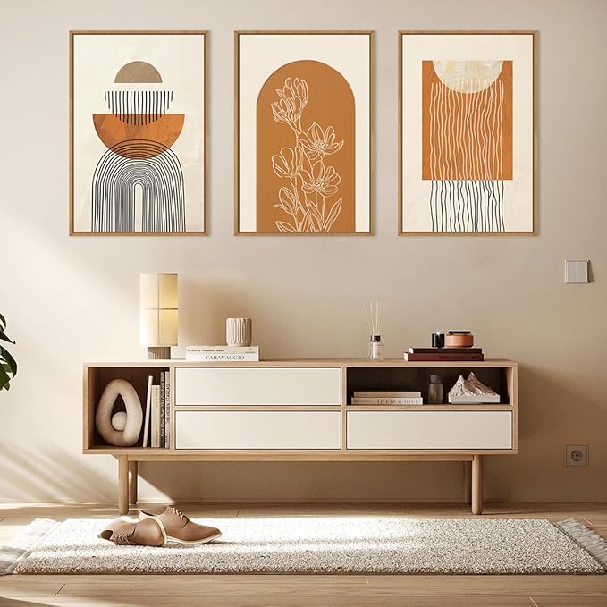 ANHUIB Large Boho Canvas Wall Art,Abstract Geometric Framed Wall Decor,Mid Century Modern Artwork,3 Piece 24x36In Beige Orange Painting for Living Room Bedroom,Office