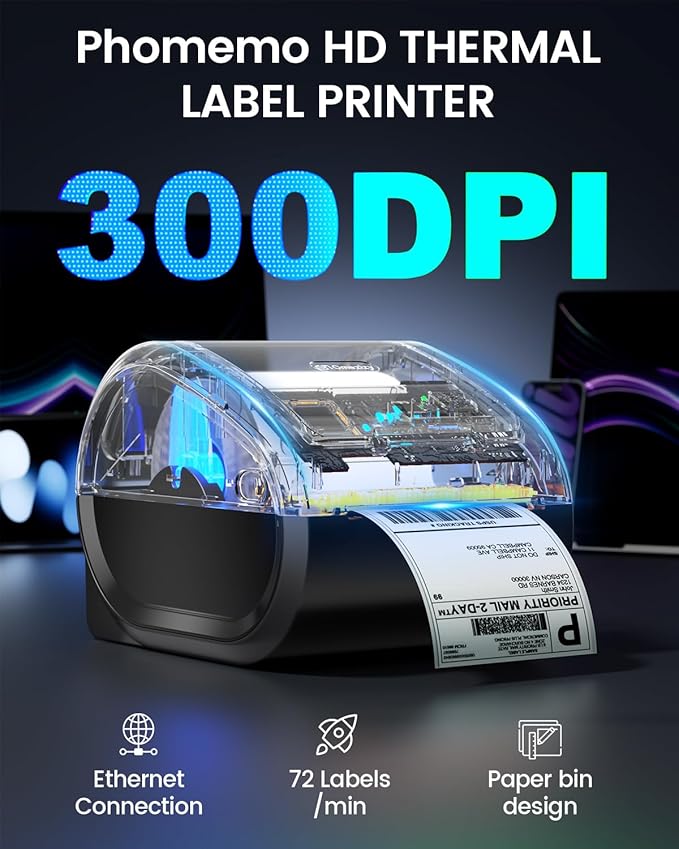 Phomemo Ethernet Thermal Label Printer 4x6, 300DPI Bluetooth Shipping Label Printer for Small Business, Home, Office, with 750 Labels