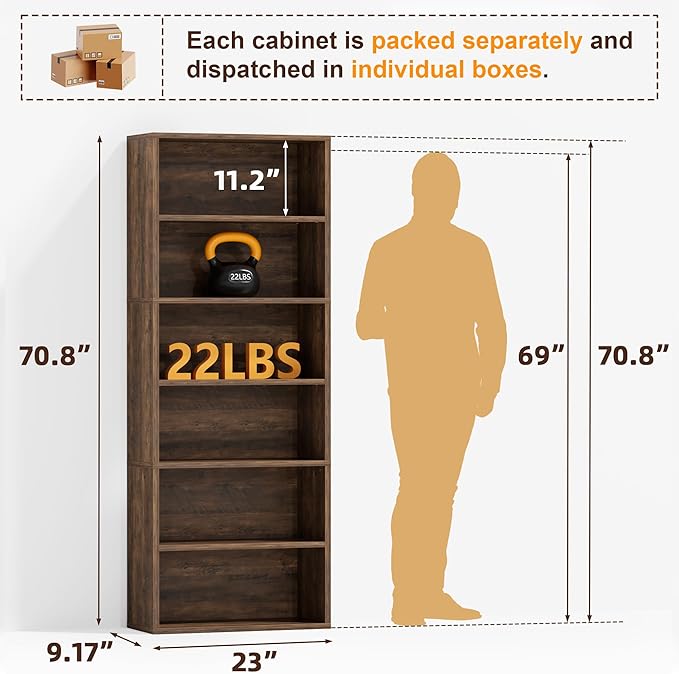 Furniwell 71" Tall Bookcase Bookshelves, 6 Tier Floor Standing Bookcases Open Frame, Modern Display Storage Organizer for Home Office, Living Room, Bedroom, Study Room (Brown, 2 Pcs)