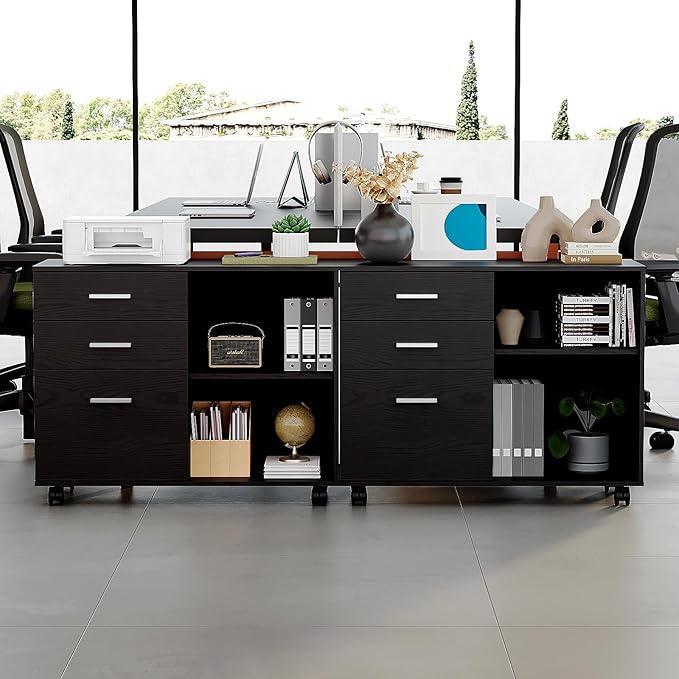 VINGLI 3 Drawer Wood Lateral File Cabinet with Adjustable Shelves & Locking Wheels, Printer Stand with Drawers for Letter Size Files, Sturdy Black File Cabinets for Home Office, Study & Business