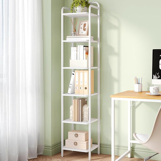 Bookcase Bookshelf, Narrow Book Shelf, Industrial Corner Shelf Storage Organizer, Slim Shelving Unit for Home Office, Living Room, Bedroom, Kitchen, 6-Tier White BC24613W