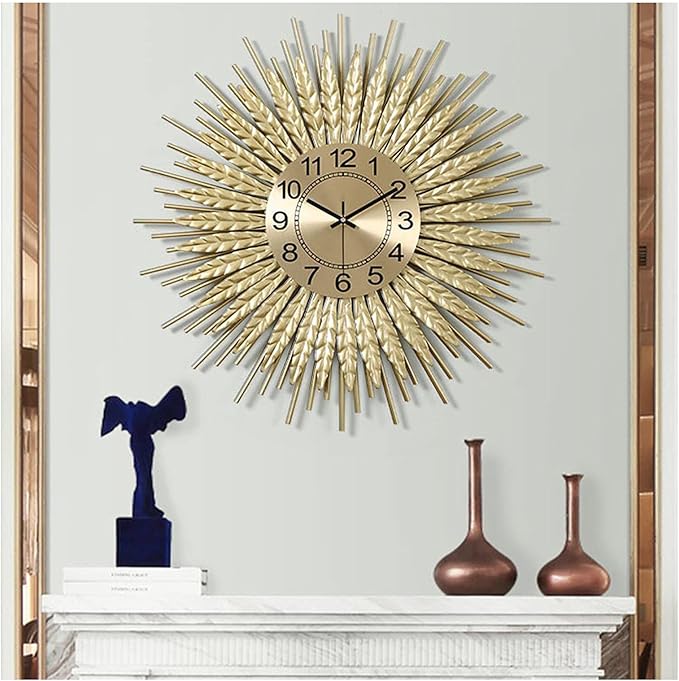 Wall Clock Large Wall Clock, Silent Non Ticking Quartz Decor Wall Clocks, Modern Sunburst 3D Metal Wall Watches for Bedroom Living Room Office,Gold,60CM Clock (A 70CM)