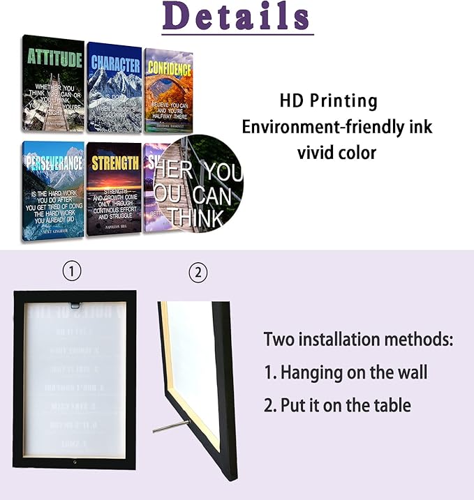 Inspirational Quotes Motto Wall Art，Motivational Office Wall Art Decoration Painting, Suitable for Library, School, Gym,Office， Living Room,Home Deco,Tabletop/Hanging,| 6-pack(38 x58 cm) Framed 3