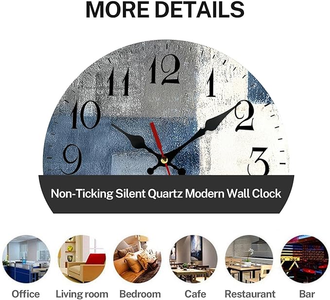 ArtSocket Wooden Wall Clock Silent Non-Ticking, Blue White Grey Abstract Painting Gray Vintage Round Wall Clocks Decor for Home Kitchen Living Room Office, Battery Operated(12 Inch)