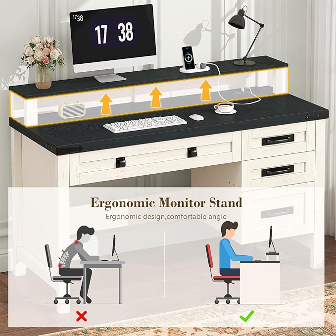 Farmhouse Computer Desk with Drawers, 47" Small Computer Desk with Power Outlets, Home Office Desk with Monitor Stand & 4 Drawers, Writing Study Table, Black & White