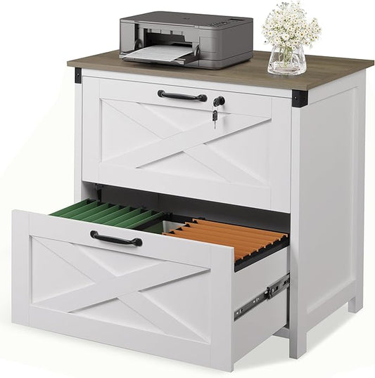 DEVAISE 2 Drawer File Cabinet, Lateral Wood Filing Storage Cabinet with Lock, Farmhouse Printer Stand for Home Office Fits Letter/Legal/A4 Size, White