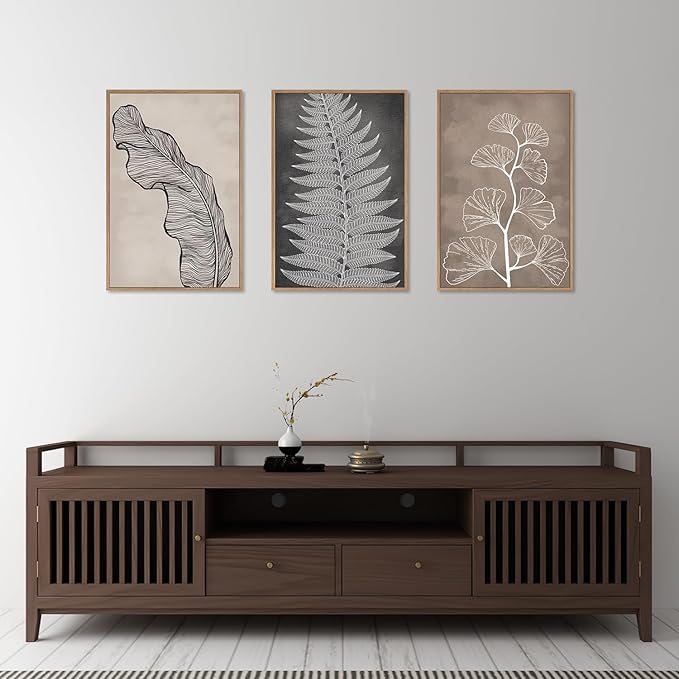 HLNIUC Botanical Neutral Framed Wall Art Set, Abstract Fern Leaf Canvas Wall Decor, Vintage Rustic Plant Wall Painting, Black Beige Nature Art Print for Living Room, Bedroom, Office - 24"x36"x3