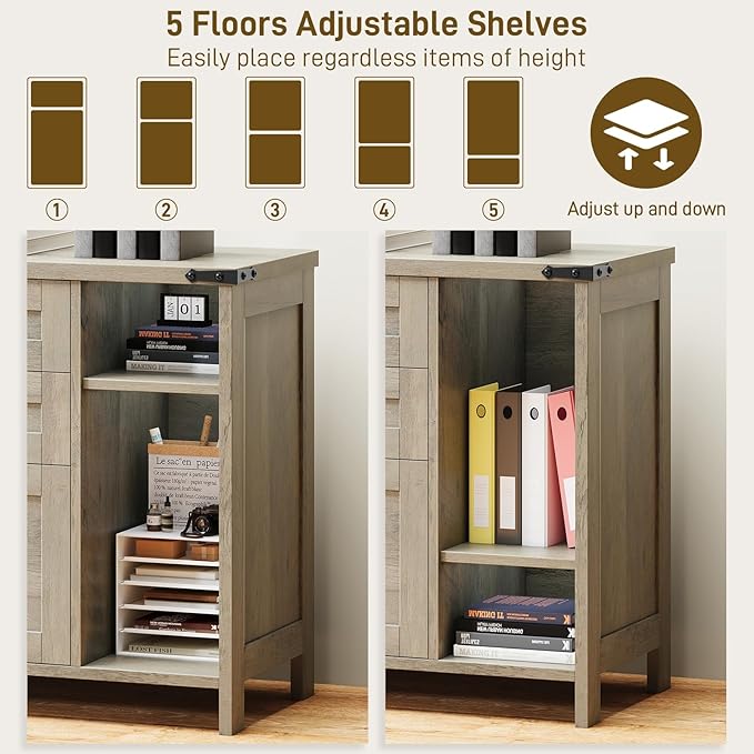 Farmhouse File Cabinet, Lateral Filing Cabinet with 3 Drawers for Letter/A4 Size Hanging Files, Large Wooden Printer Stand with Adjustable Shelves for Home Office, Rustic Grey