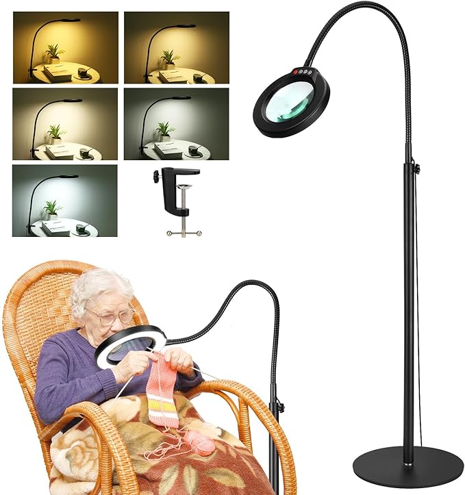 8X Magnifying Glass with Light and Stand, Krstlv 24" Flexible Gooseneck Magnifying Floor Lamp, 3-in-1 LED 5 Color Modes Stepless Dimmable Lighted Magnifier Hands Free for Close Work, Hobby, Esthetican