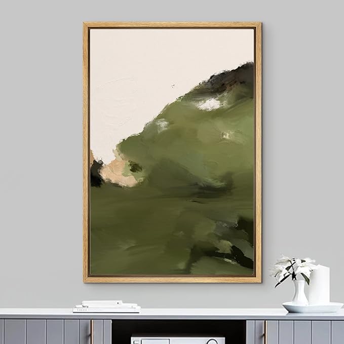 IDEA4WALL Framed Canvas Print Wall Art Pastel Watercolor Green Mountain Range Abstract Nature Illustrations Modern Art Bohemian Decorative Colorful for Living Room, Bedroom, Office - 24"x36" Natural