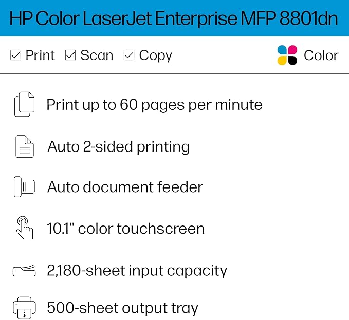 HP Color Laserjet Enterprise 8801dn Multifunction Printer, Scanner, Copier, Duplex, Best for Office (9S184A)