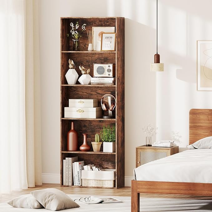 Giantex 5-Tier Bookshelf Set of 2, Freestanding Bookcase with 5 Open Shelf, Modern Display Shelf, Storage Organizer for Living Room Bedroom Home Office, Rustic Brown
