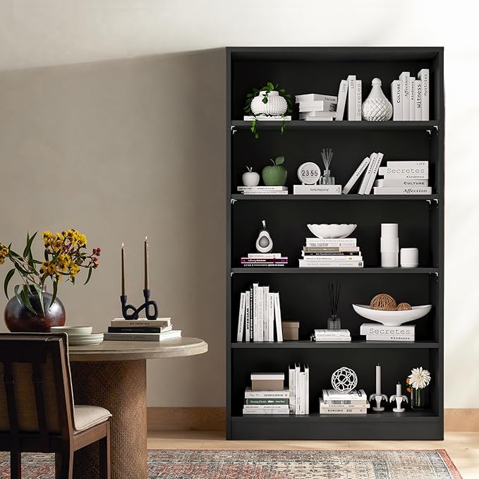 Soohow 5 Shelf Bookcase,60 Inch Wood Tall Bookshelves for Living Room,Black