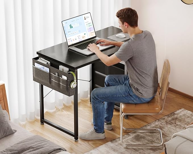AODK 32-Inch Small Computer Desk with Fabric Drawers, Kids Girls Teen Study Writing Desk for Bedroom, Home Office Desk for Small Space, Black
