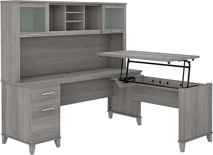 Bush Home Somerset 72W 3 Position Sit to Stand L Shaped Desk with Hutch in Platinum Gray | Adjustable Height Table for Office