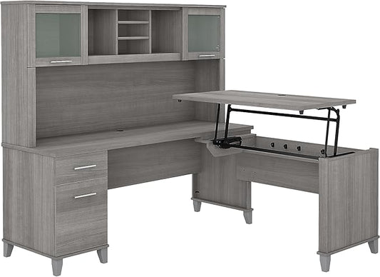 Bush Home Somerset 72W 3 Position Sit to Stand L Shaped Desk with Hutch in Platinum Gray | Adjustable Height Table for Office