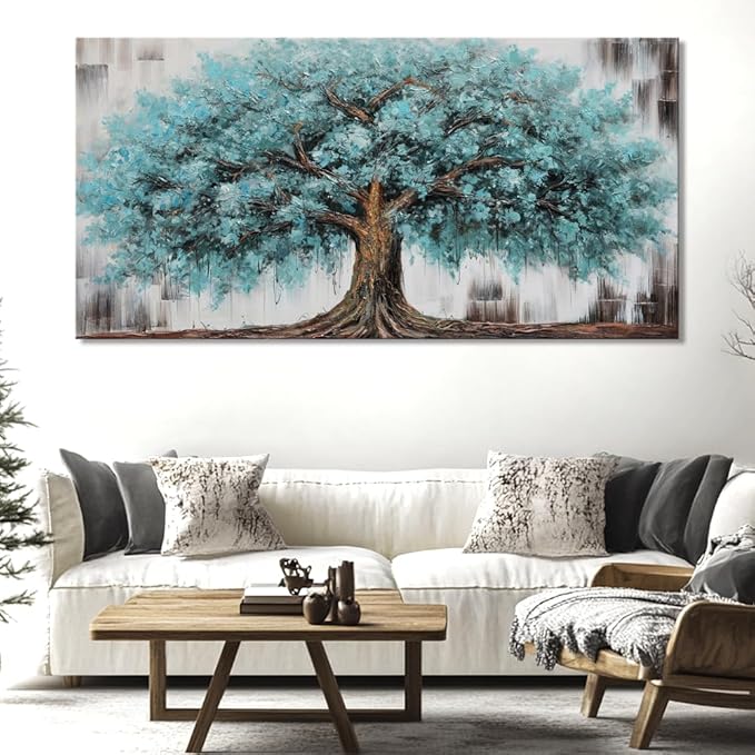 liysawg Wall Art Tree of Life Abstract Modern Artwork Blue Teal Tree Canvas Painting for Bedroom Living Room Office Large Decor 71"x36"