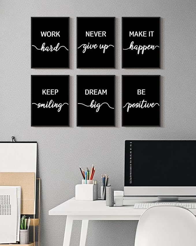 KUVIOKE Inspirational Office Wall Decor Motivational Quotes Framed Wall Art Encouraging Positive Affirmations Sayings for Kids Classroom Bedroom Ready to Hang Set of 6, 11x14in (Black Framed)