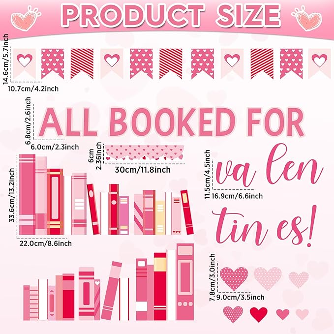 Valentine’s Day Reading Bulletin Board Set Valentine's Day Classroom Decoration All Booked for Valentines Bulletin Board Pink Red Heart Cutouts for Holiday Classroom Home School Chalkboard Wall Decor