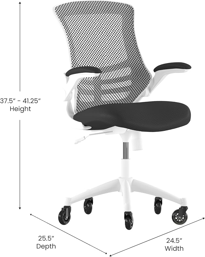 Flash Furniture Kelista Mid-Back Black Mesh Swivel Ergonomic Task Office Chair with White Frame, Flip-Up Arms, and Transparent Roller Wheels