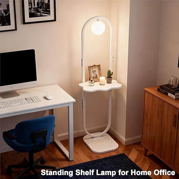 Lightdot 47-Inch Arch Floor Lamp, Modern Standing Lamp with Table, White Metal Frame with Globe Shade, Living Room Bedroom Lighting, G9 LED Bulb Included for Sofa Beside/Corner Decor