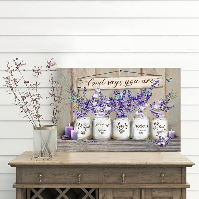 Parylore God Says You Are Canvas Wall Art Inspirational Lavender Butterflies Wall Decor Marson Jars Bible Verses Picture Framed Modern Artwork for Bedroom Bathroom Office Home Decor 12x16 In